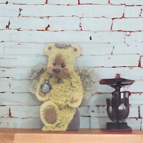 Shelly Bears & Co. 1998 Angel Bear Figurine Sitting on Stump, Holding Bird - Picture 1 of 5